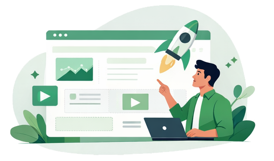 Web designer launching a website with a rocket